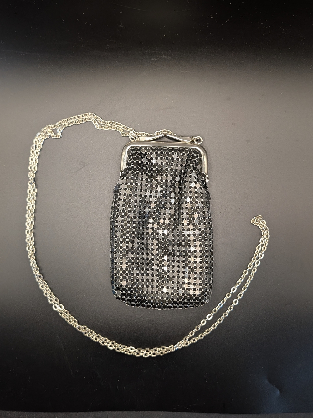 Black Metal Mesh Mini Evening Bag Crossbody Chain Strap W/Kiss Lock